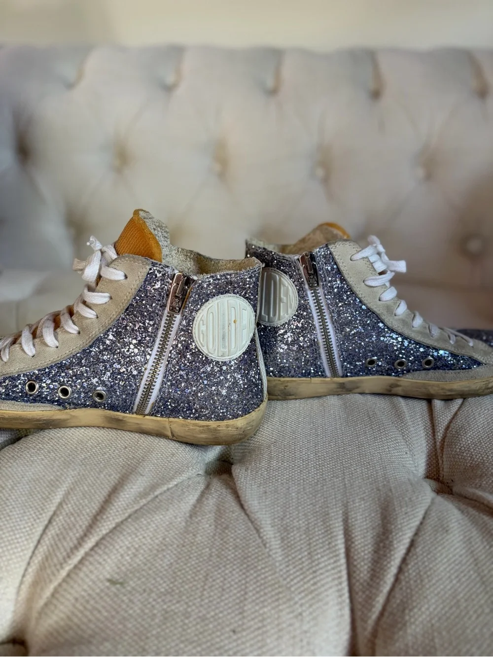 Golden Goose-Style Women's High-Top Glitter Sneakers in Blue Silver